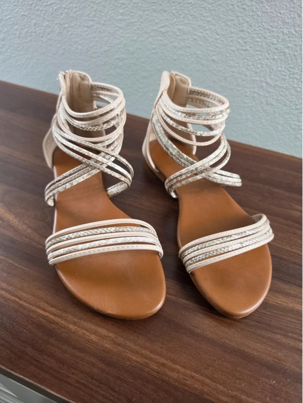 Women's Beige Strapped Sandals Size 8.5 with Back Zipper Closure